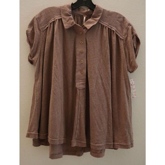 Free People OB1102105 Women's Sz XS Brown Lowdown Henley Oversized Linen Top $78 - Picture 1 of 10